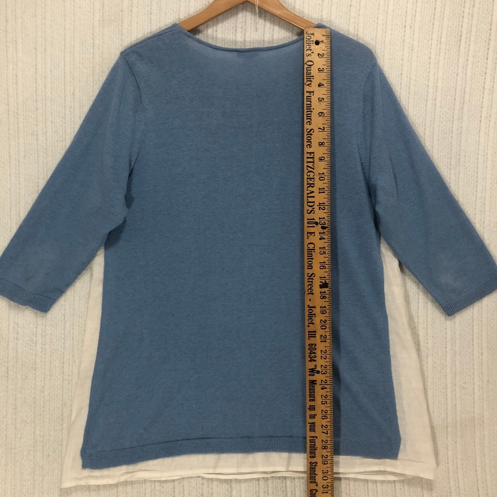 J. Jill Blue Knit 3/4 Sleeve Sweater White Linen Layered Hem Top Large - Picture 7 of 8